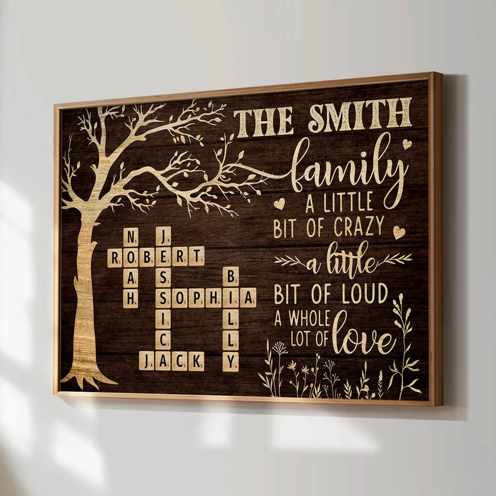 Custom Family Tree Poster with Name Crossword, Warm Wall Art Keepsake, Meaningful Housewarming or Christmas Gift