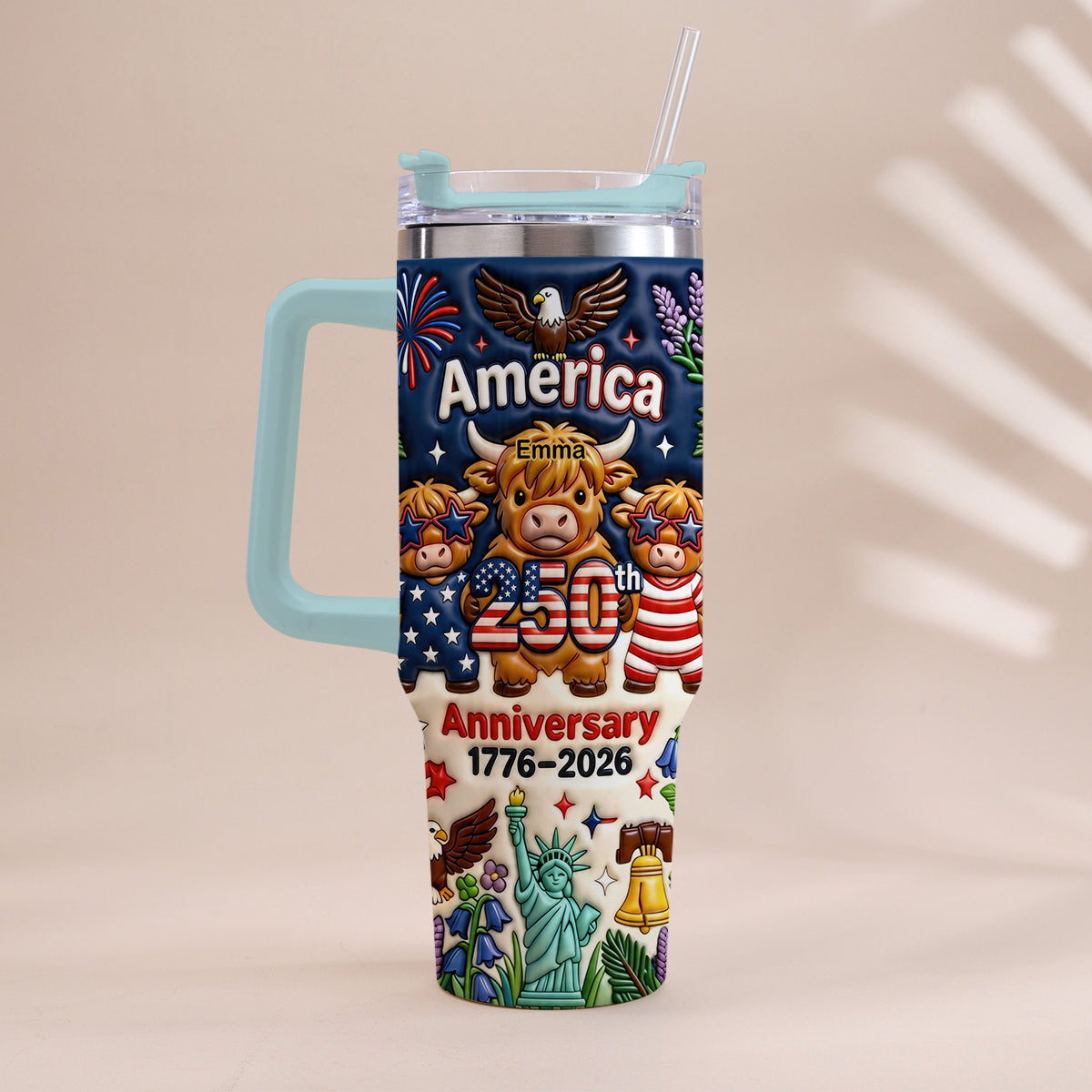 Cute Highland Cow America 250th Anniversary - Personalized Highland Cow Tumbler With Handle