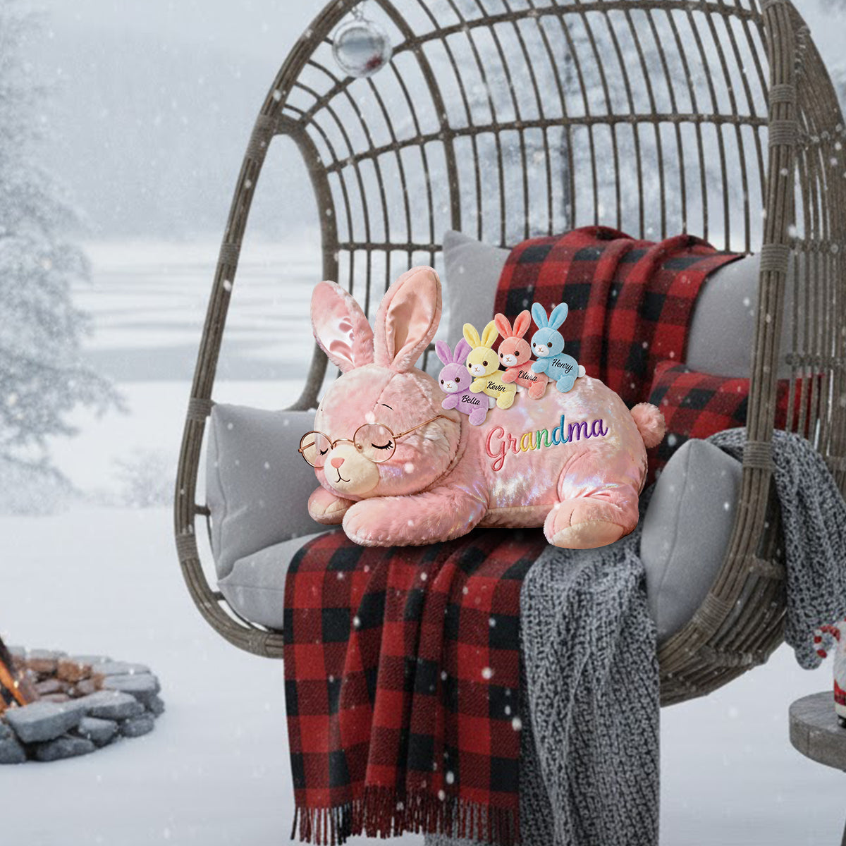 Grandma Bunny with Baby Bunnies - Personalized Grandma Faux Fur Shaped Pillow