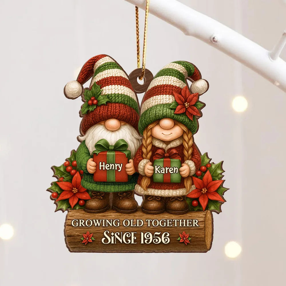 Wooden Ornament with Christmas Gnome Couple Holding Gifts, Clear Print, Perfect Holiday Gift for Couples