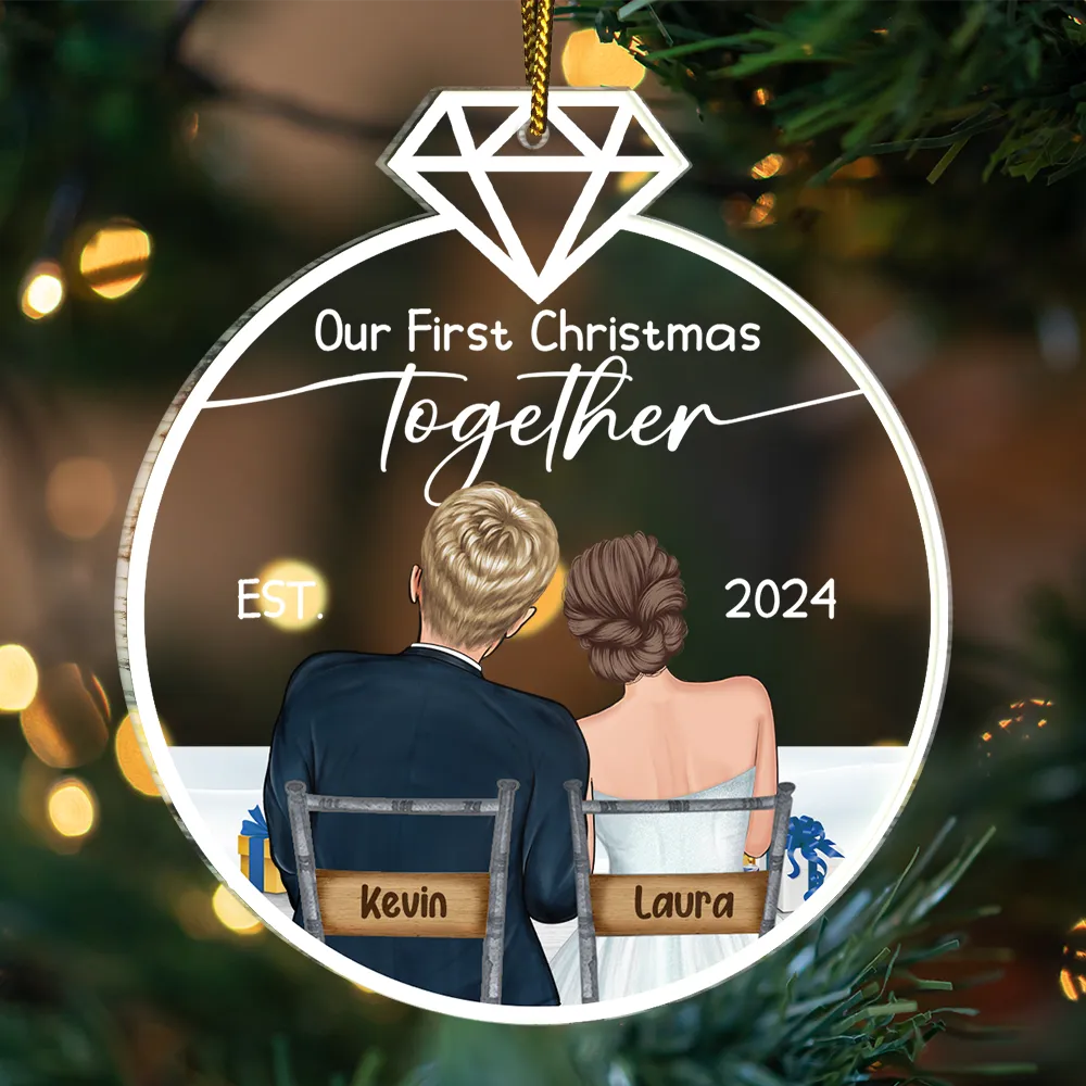 Our First Christmas Married Ornament – Personalized Acrylic Ornament with Romantic Couple Back Design
