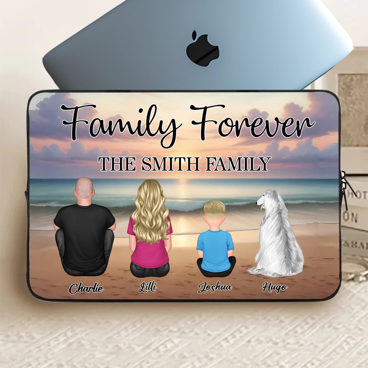 Family Forever Beach Design - Personalized Cotton Tote Bag, Wooden Carhanger, LED Plaque, Keychain, Poster, Wallet Card, and Pillow, Unique Gift