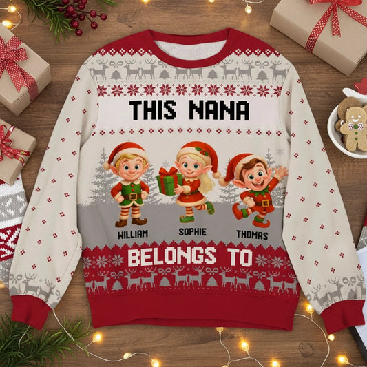 Sweatshirt with Christmas Elves, Custom All-Over Print for Nana, Cozy, Unique Holiday Gift, This Nana Belongs To