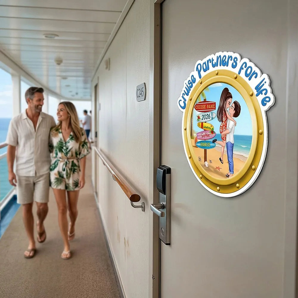 Personalized Cruise Partners For Life Acrylic Magnet, Couple Kissing on a Beach Porthole, Unique Cruise Door Gift