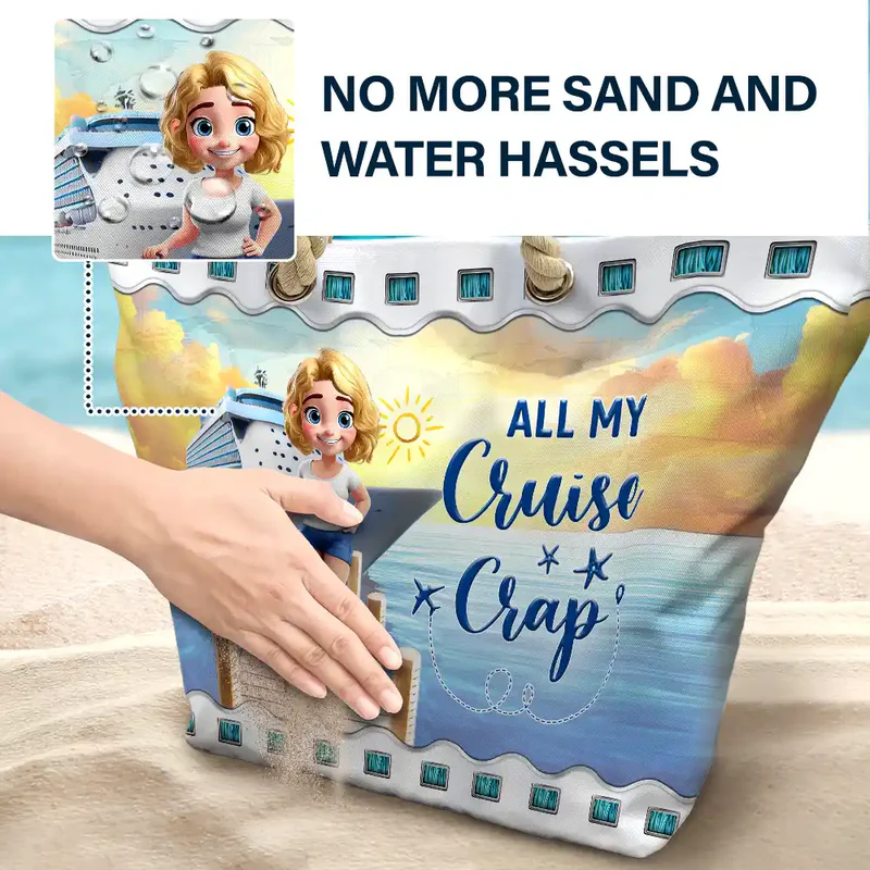 Personalized Rope Handle Canvas Bag Cruise Girl Beach Scene, Cute Cartoon Travel Gift for Cruise Lovers