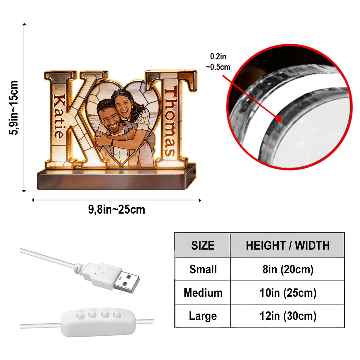 Custom From Photo, Initial Letters And Heart - Personalized Couple Acrylic LED Night Light