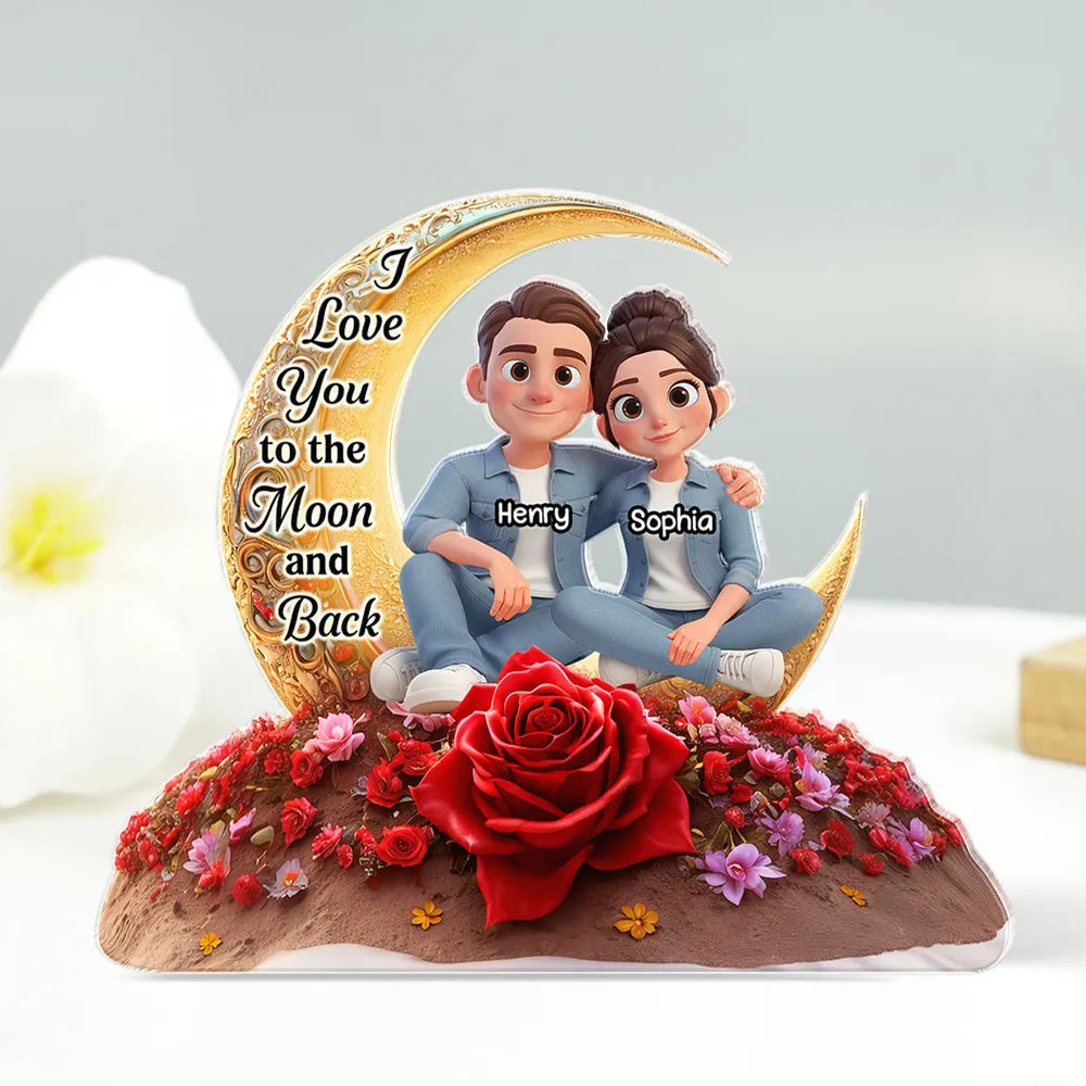 Personalized Shaped Acrylic Block Plaque Moon & Rose Couple Sitting by the Sea Unique Romantic Gift for Him or Her