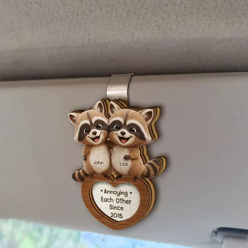 Personalized 2-Layer Wooden Car Visor Clip Cute Raccoon Couple Hugging, Funny You're Weird I'll Keep You, Unique Gift