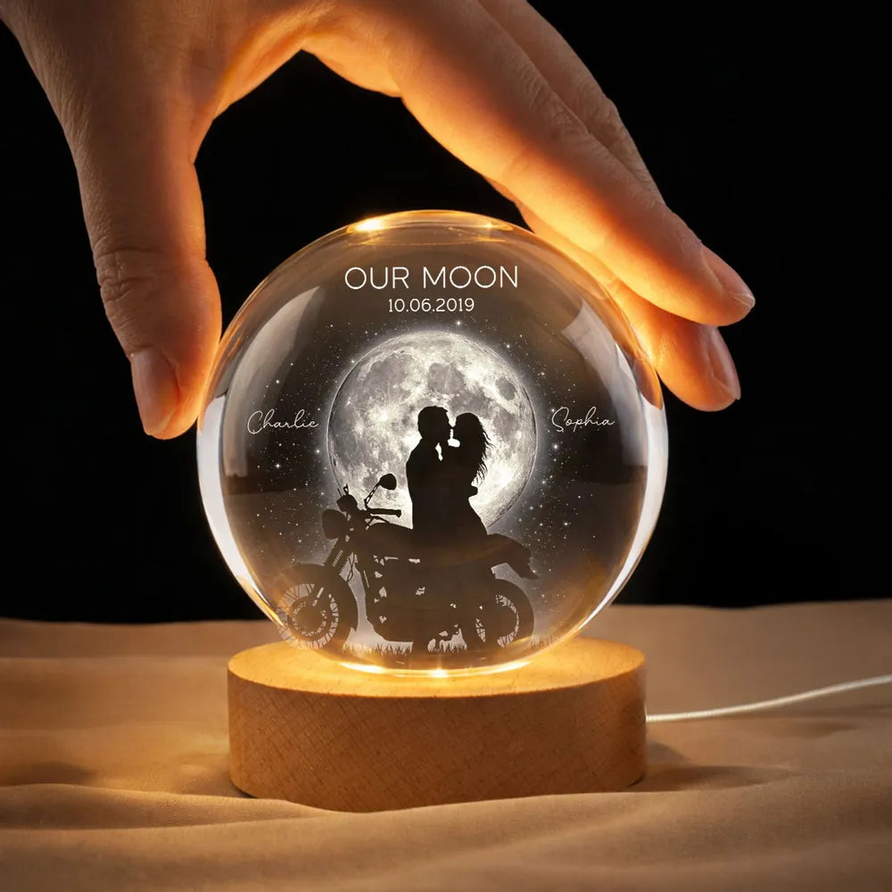 Personalized Globe Lamp with Kissing Biker Couple in Moonlight, Unique Romantic Gift for Him or Her