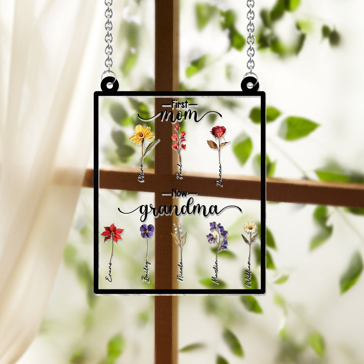 First Mother Now Grandma, Birth Flower Personalize - Personalized Grandma Window Hanging Suncatcher Ornament