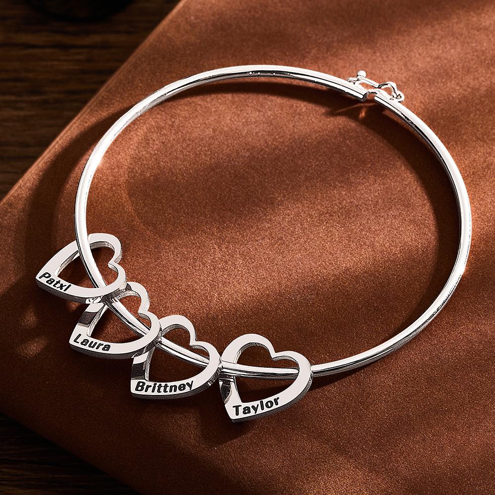 Any Name - Personalized Family Bangle Bracelet with Heart/Round Pendants