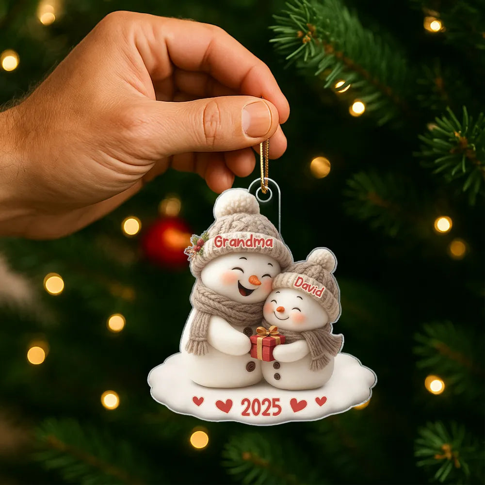 Personalized Acrylic Ornament for Grandma & Grandkid Snowman Hug Christmas Tree Decor Unique Family Gift