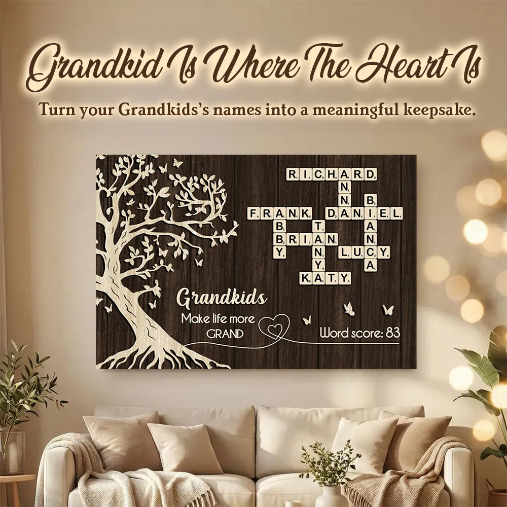 Personalized Grandkids Poster with Family Tree & Crossword Names – Custom Wall Art Gift for Grandma & Grandpa, Unique Home Decor Keepsake
