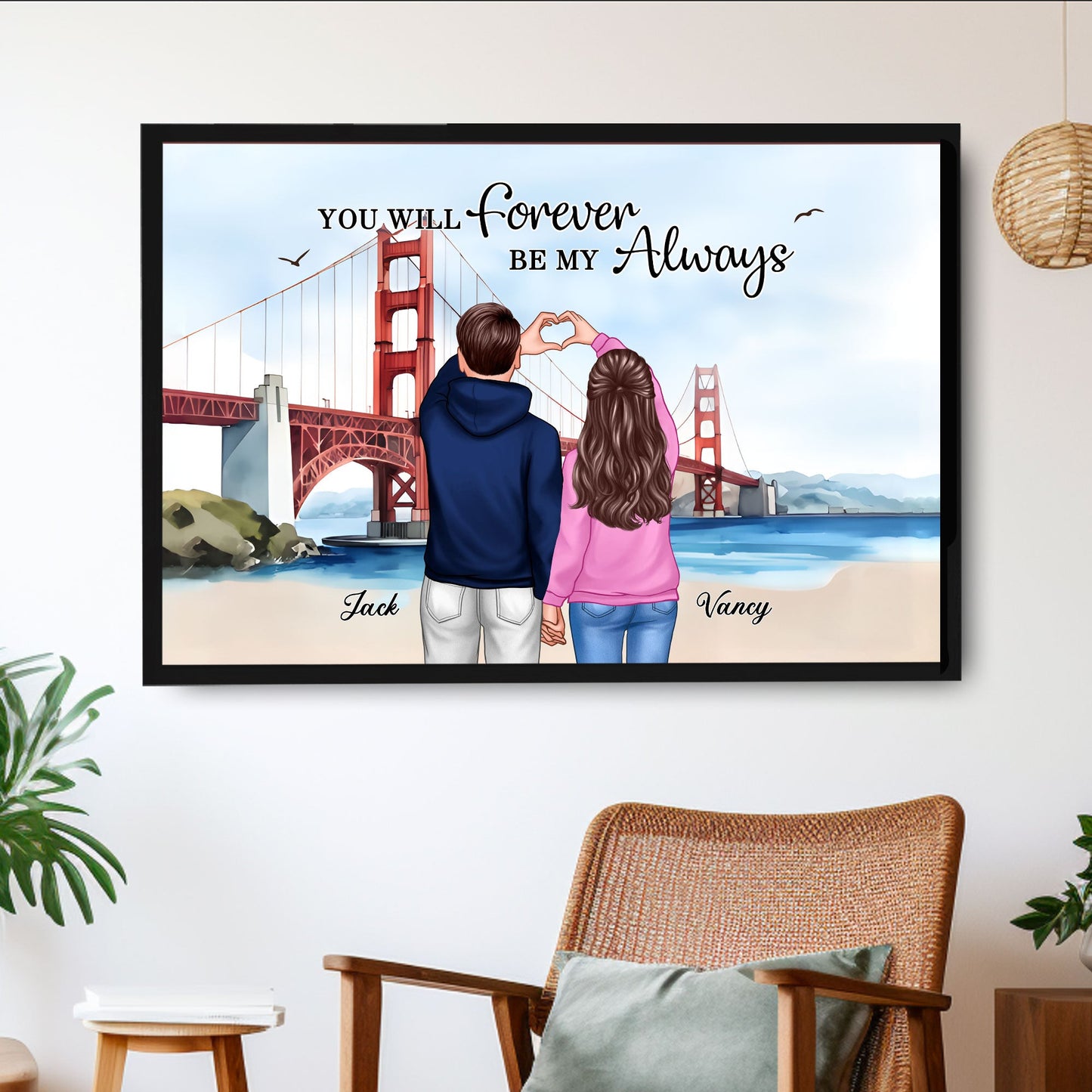 Custom Couple Poster - A Timeless Love Story with Scenic Bridge Backdrop