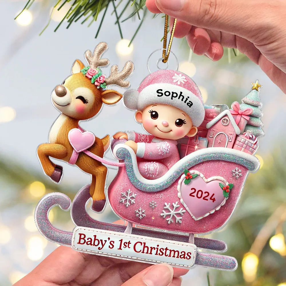 Baby’s 1st Christmas Acrylic Ornament – Adorable Reindeer Sleigh Design, Perfect Gift for Newborn Celebration