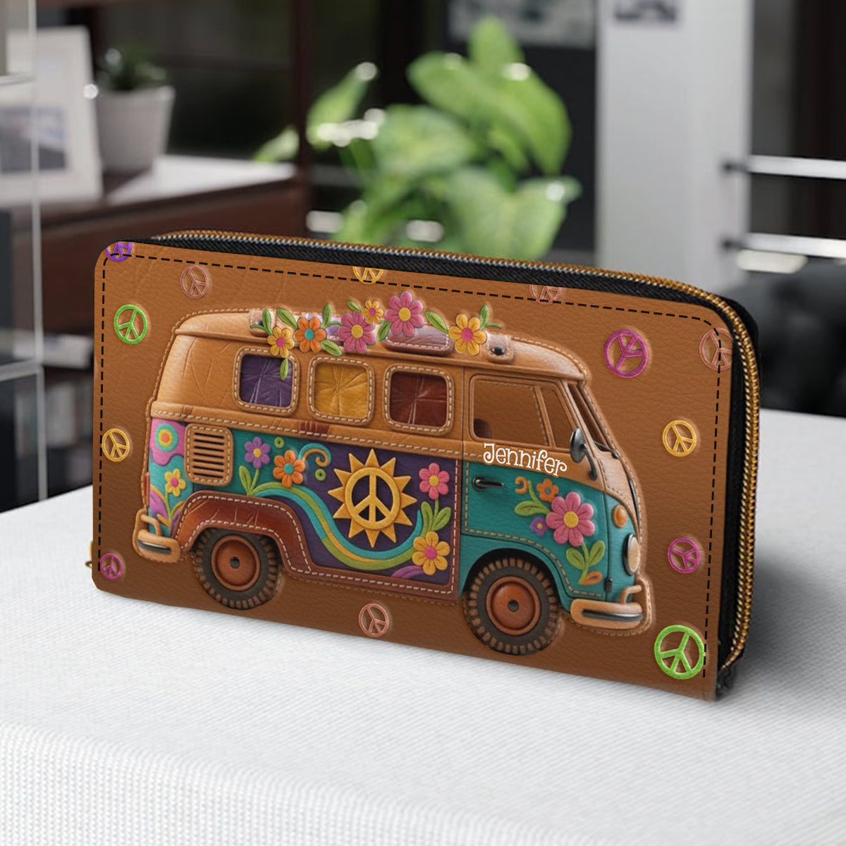 Floral Hippie Van - Personalized Hippie Leather Long Wallet