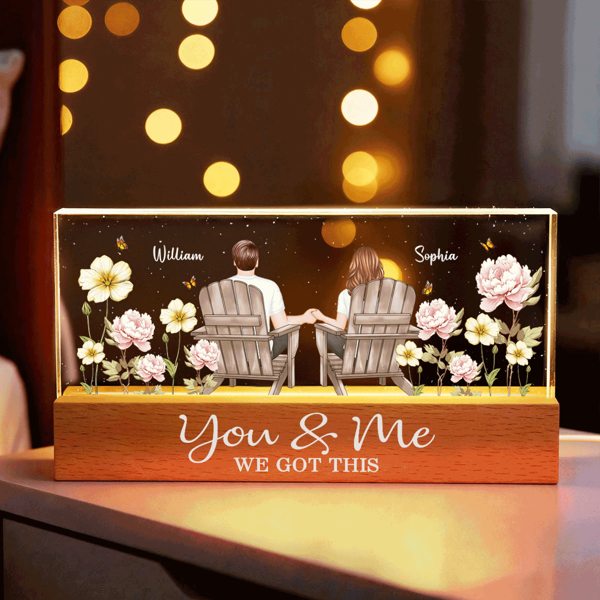 Personalized Block LED Light Plaque with Couple Holding Hands in Adirondack Chairs, Romantic Night Light Gift for Him or Her