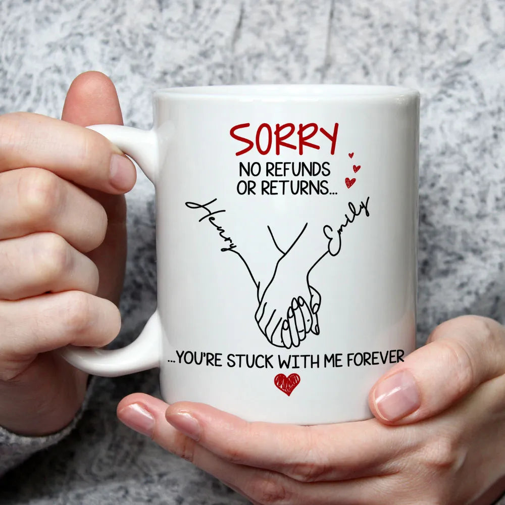 Personalized White Ceramic Mug with Holding Hands Illustration – Romantic “You’re Stuck with Me Forever” Couple Gift