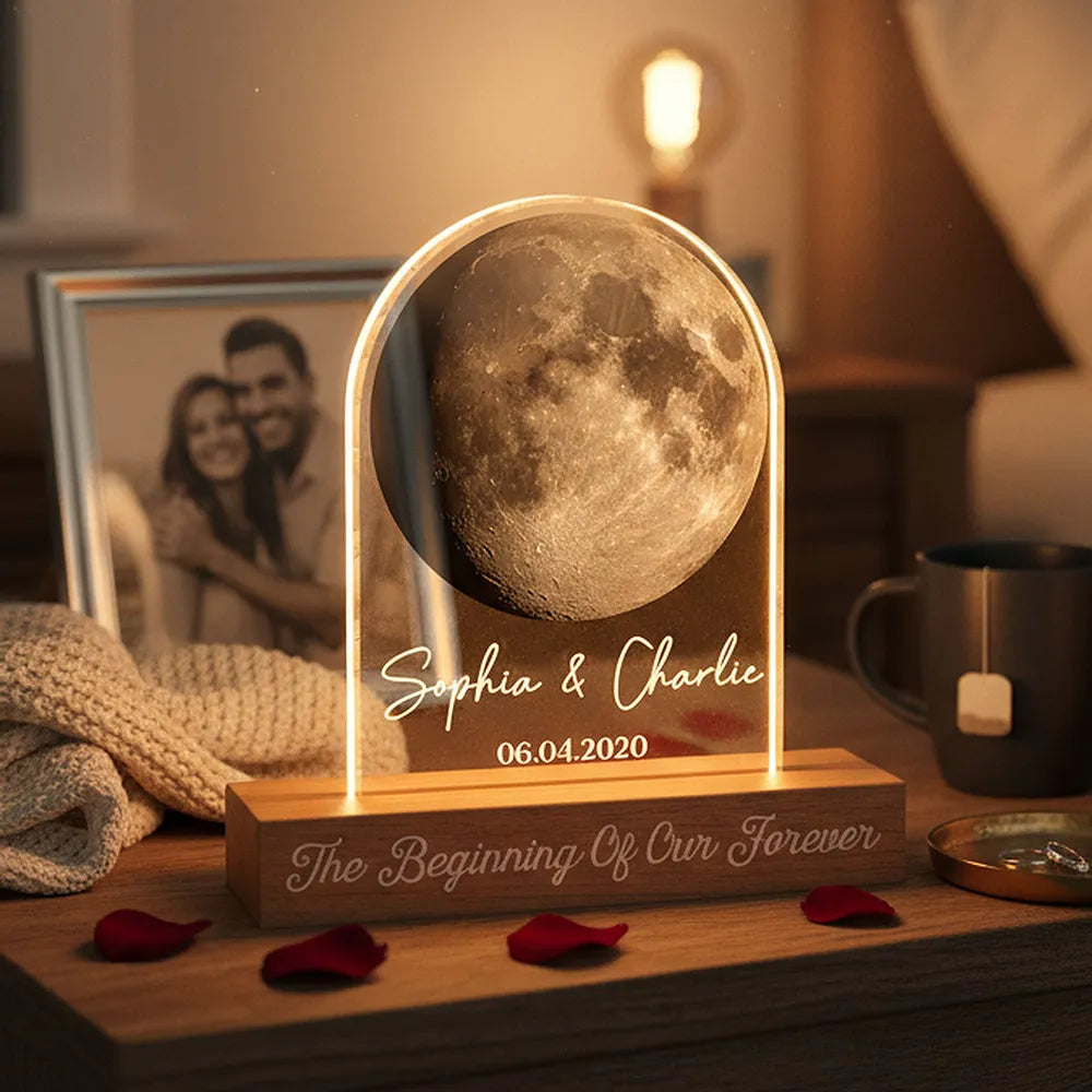 Personalized Moon Phase Block LED Light Plaque for Couple Anniversary Bedroom Decor, Warm Romantic Glow, Unique Gift