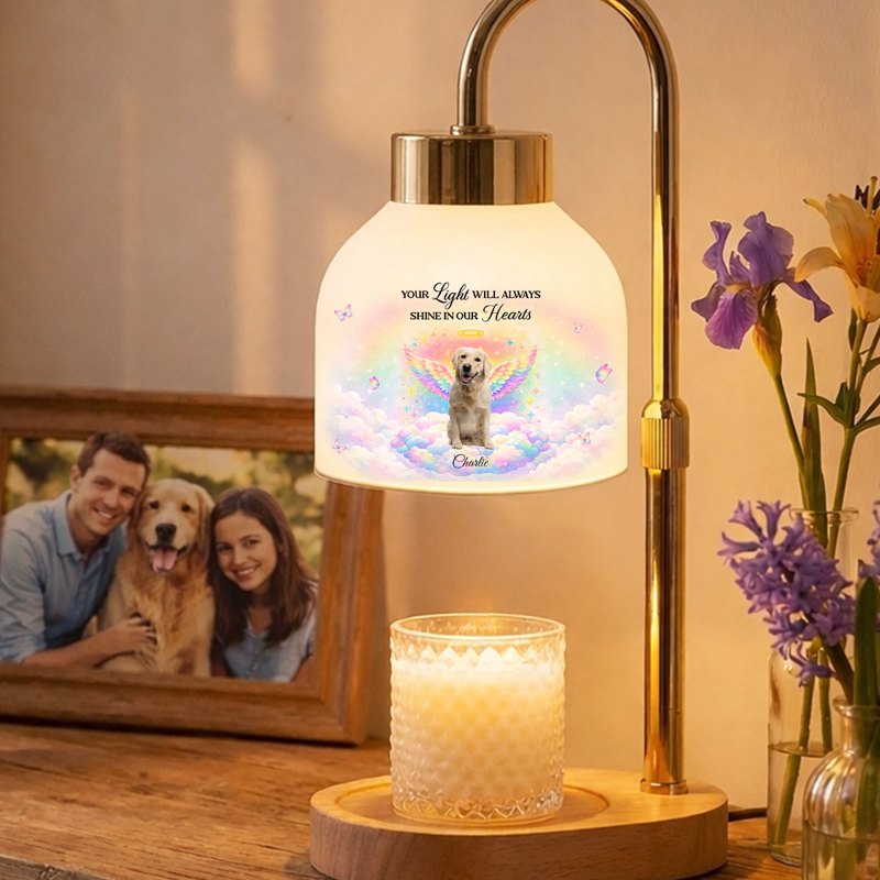 Personalized Pet Memorial Candle Warmer Lamp With Angel Dog Rainbow Clouds, A Unique Sympathy Gift For Dog Lovers