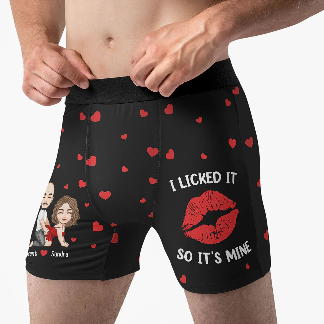 Personalized Men's Boxer Briefs with Cartoon Couple & 'I Licked It So It's Mine' Funny Romantic Gift for Husband