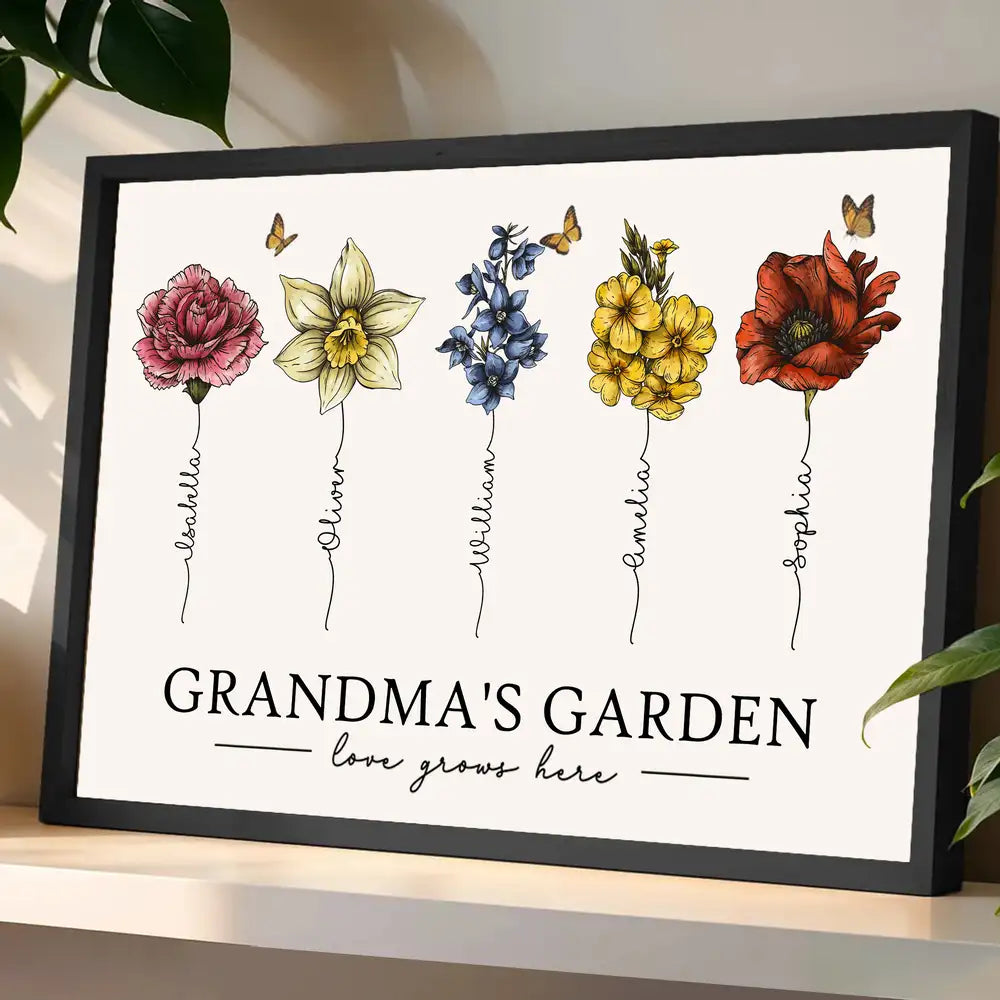 Grandma's Garden – Beautiful Floral Poster with Custom Family Names, Perfect Gift for Grandma
