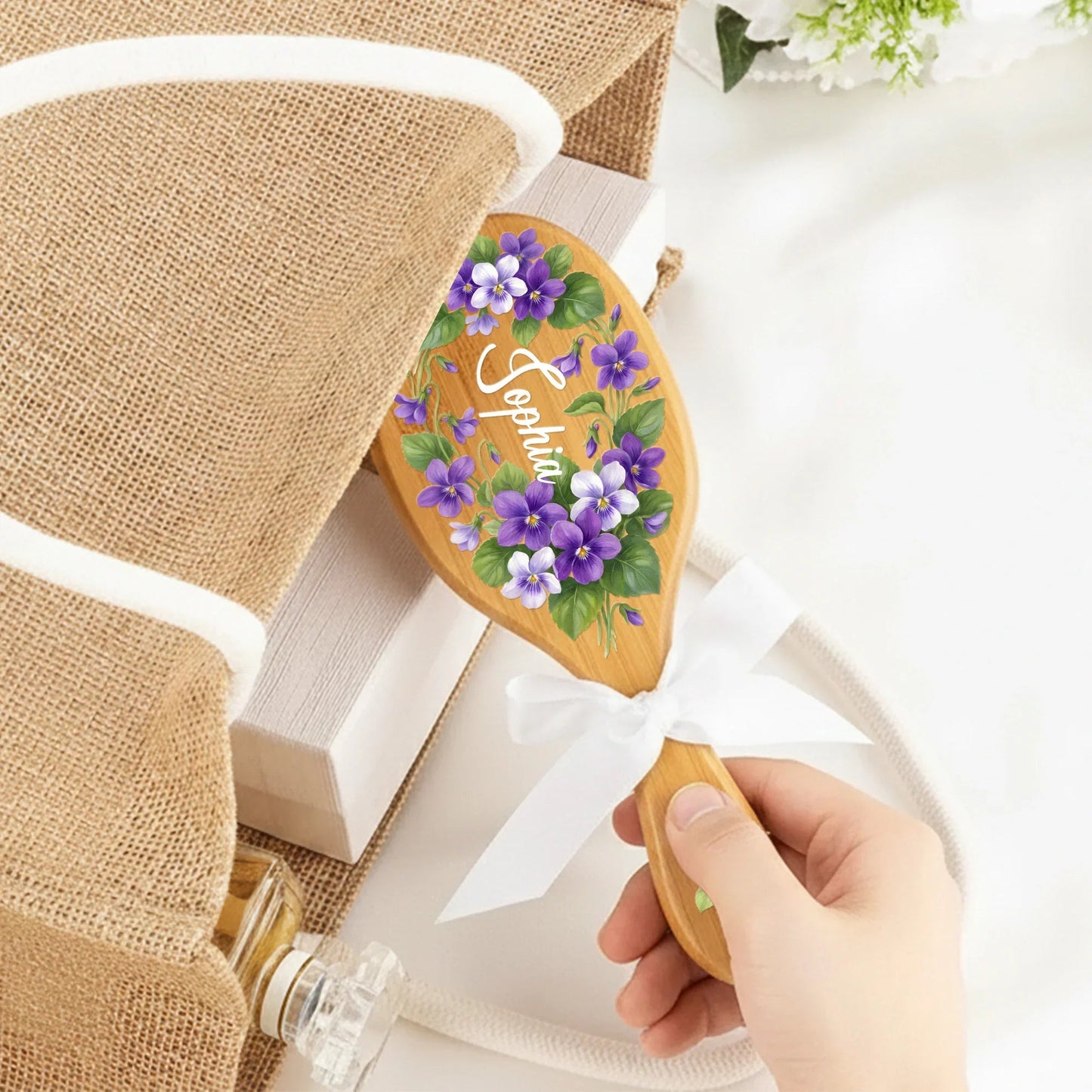 Personalized Wooden Hair Brush With Birth Flower Name Design, Vanity Decor, Unique Gift For Daughter Sister Mom