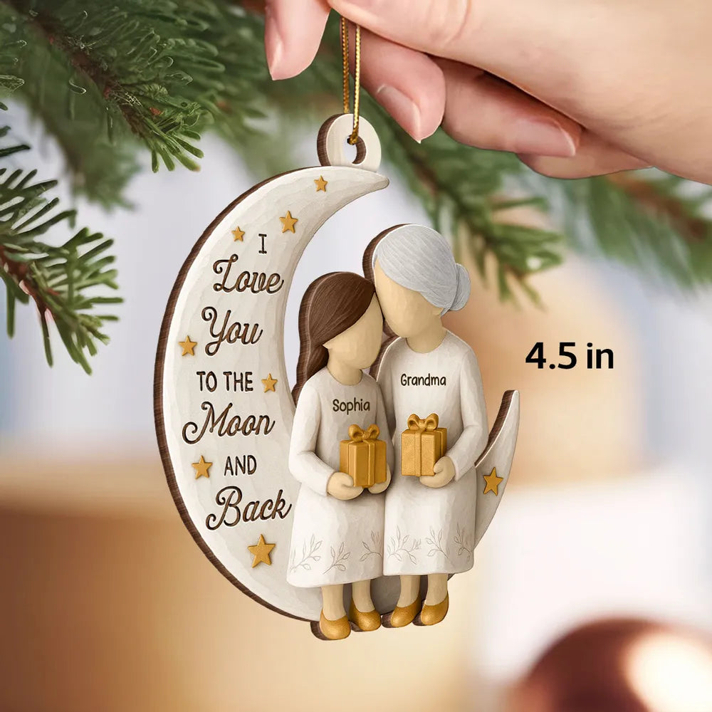 Wooden Ornament - Grandma & Grandkid on Crescent Moon, Customizable, unique gift for Granddaughter or Grandson