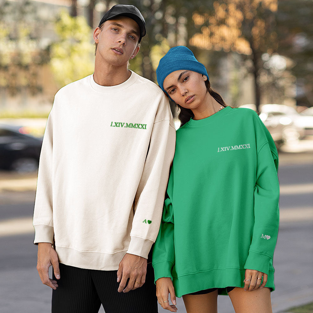 Custom Engraved Embroidery Round Neck Roman Numeral Date - Personalized Couple Sweatshirt