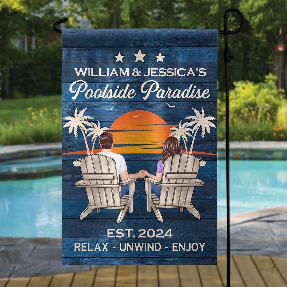 Relaxing Poolside Paradise Decor with Optional Flag Background Couple Sitting Personalized Sign, Flag, Vase - Perfect for Garden, Housewarming, Birthday, Anniversary Gift for Him, Her