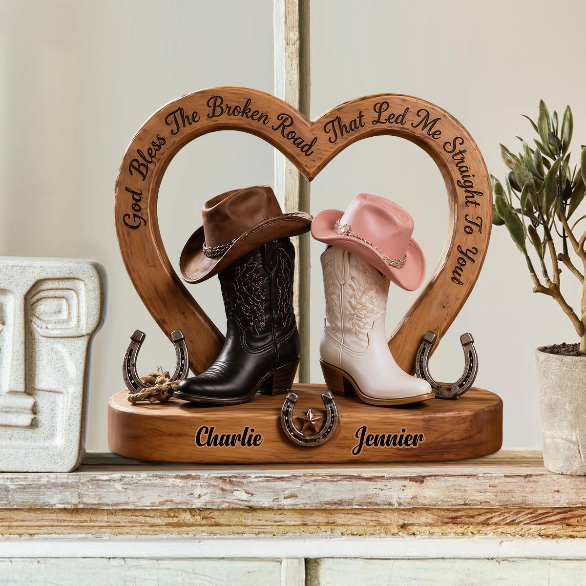 Cowboy & Cowgirl Couple, Western House Decoration, God Bless The Broken Road - Personalized Western Outfit Custom Shaped Wood Plaque