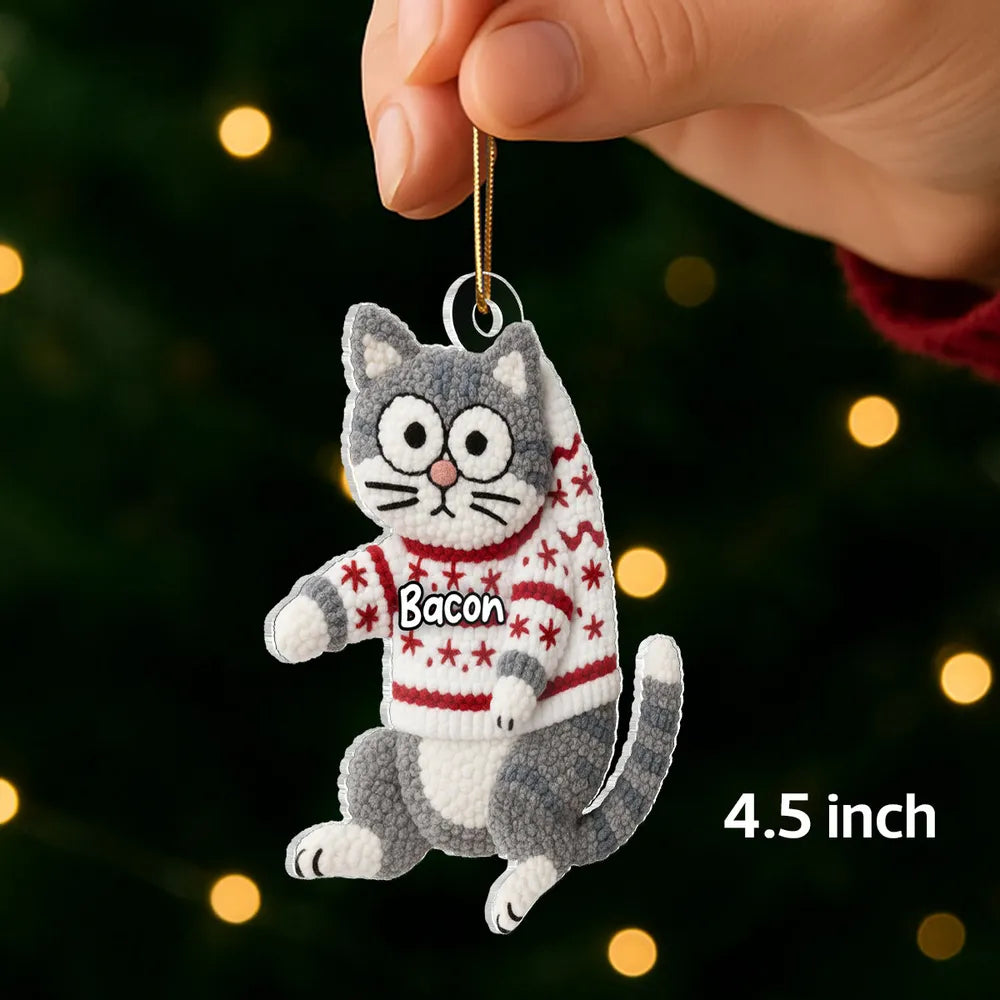 Personalized Cat Acrylic Christmas Ornament with Cozy Latch-Hook Look Sweater – Cute Holiday Gift for Cat Lovers