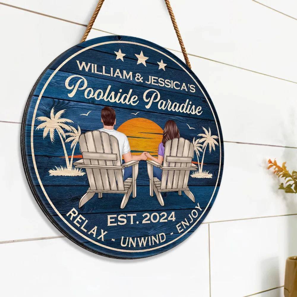 Relaxing Poolside Paradise Decor with Optional Flag Background Couple Sitting Personalized Flag, Sign, Vase - Perfect for Garden, Housewarming, Birthday, Anniversary Gift for Him, Her
