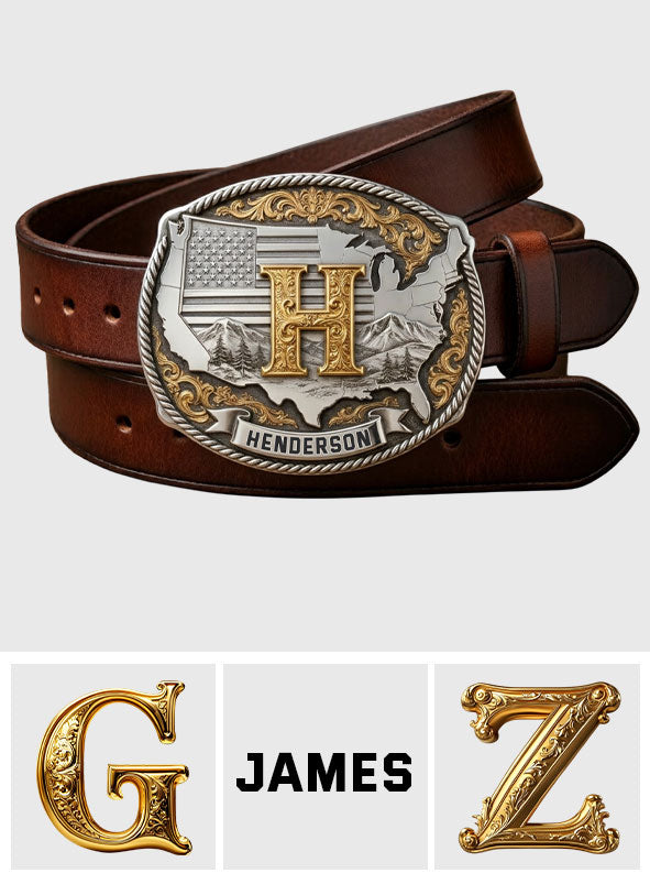 Custom Initial Buckle Belt, United State Map, Gift For Him - Personalized Patriot Leather Belt With Shaped Buckle