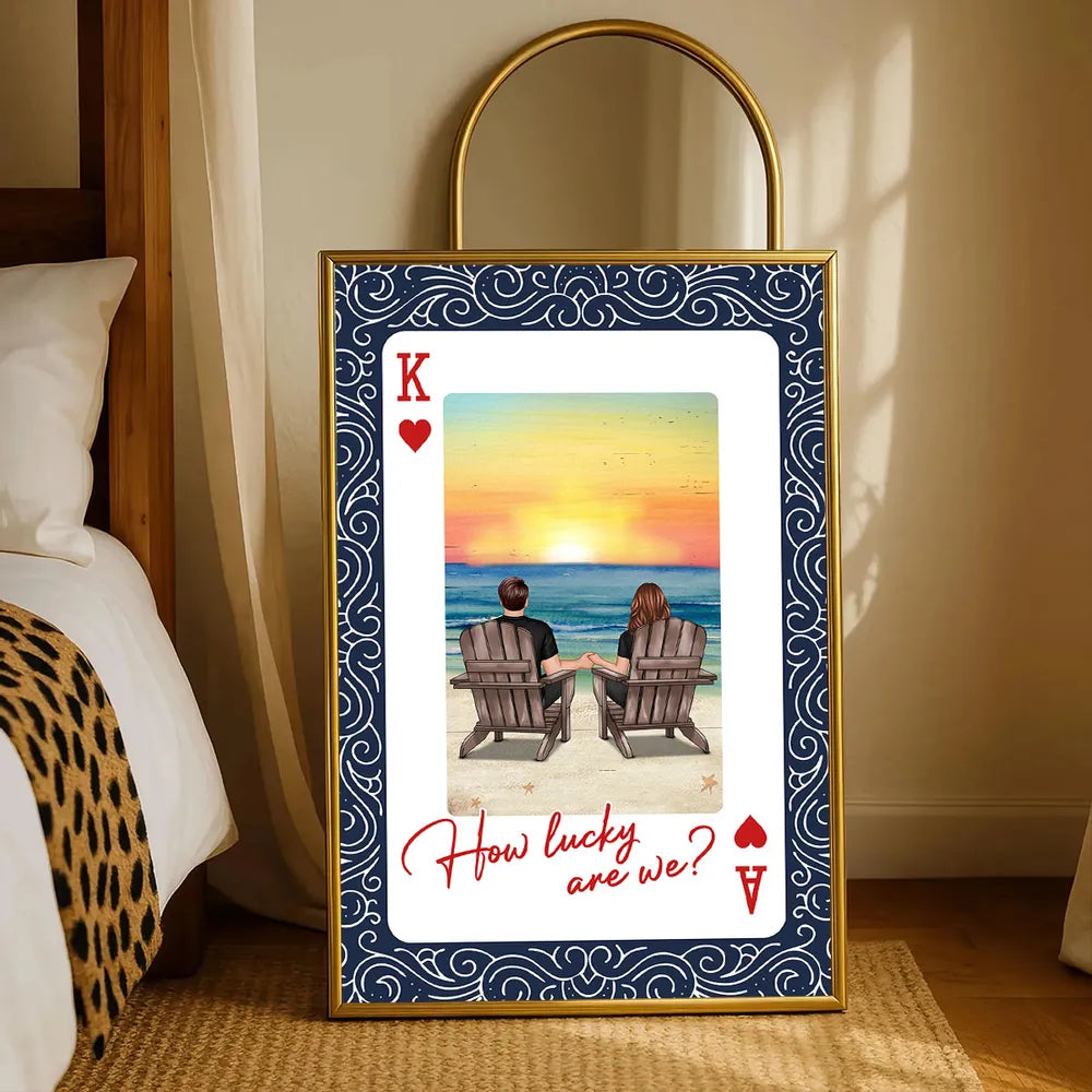 How Lucky Are We Poster, Personalized Couple Beach Sunset Wall Art, Romantic Gift For Couples And New Home Decor