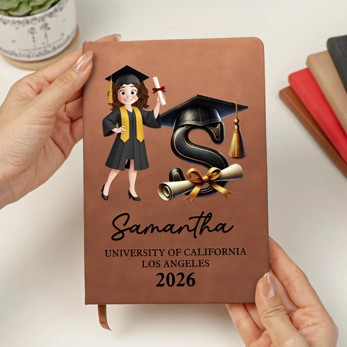 Personalized Graduation Cartoon Leather Journal With Initial, Cap & Diploma, Unique Gift For the Grad