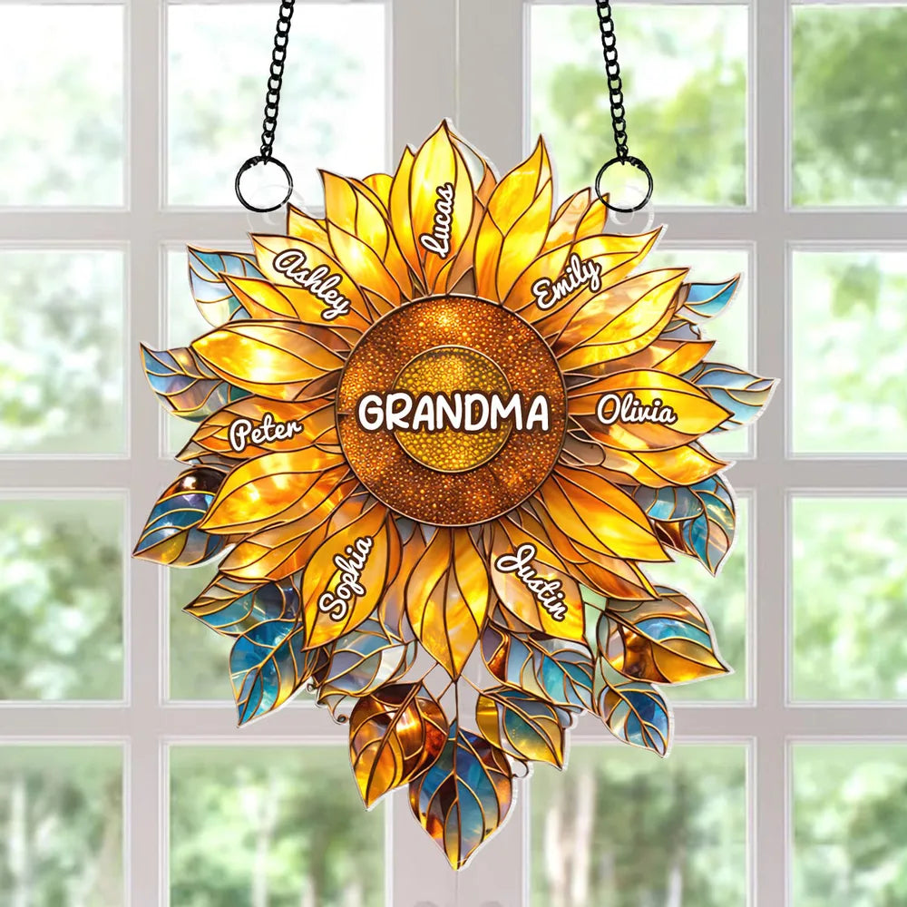 Custom Sunflower "Grandma's Love Bugs" Suncatcher - Personalized Window Art with Names for Grandma, Nana & Gigi - Unique Mother's Day or Birthday Gift