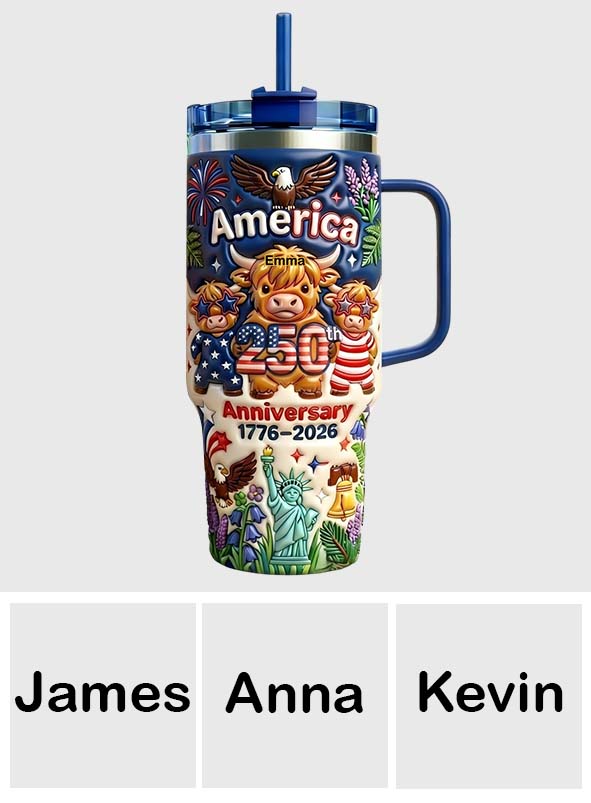 Cute Highland Cow America 250th Anniversary - Personalized Highland Cow Tumbler With Handle