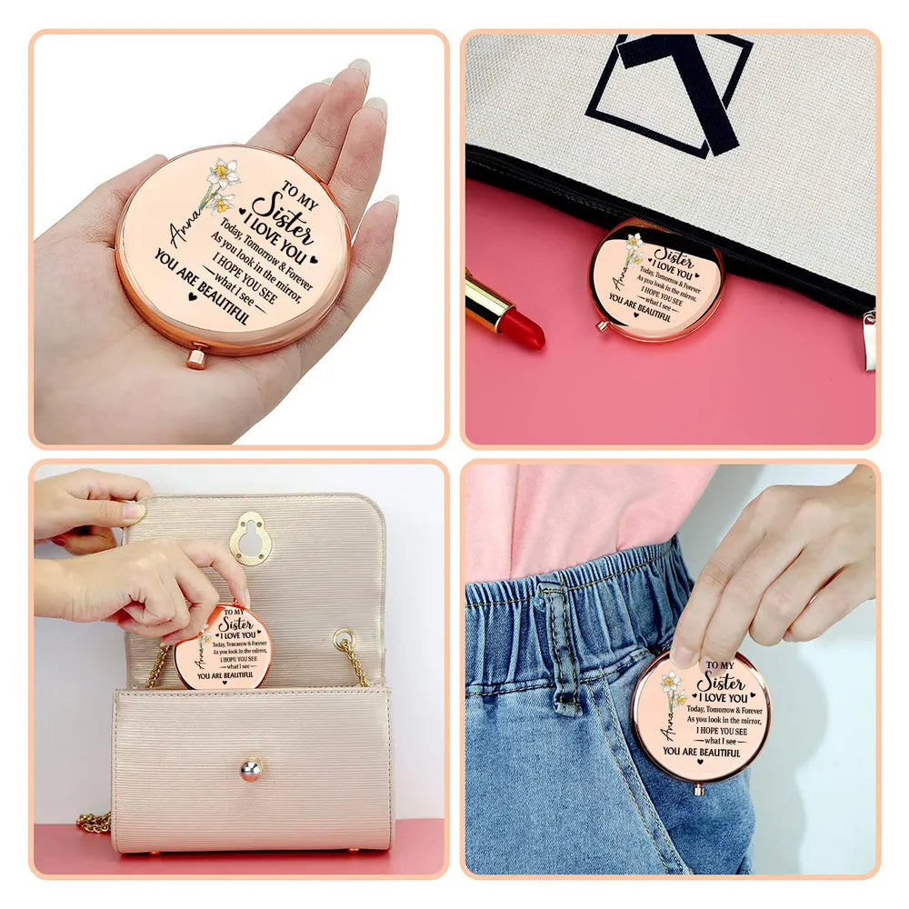 Personalized Metal Compact Mirror Sister Quote with Purple Flowers, Unique Everyday Purse Gift That Feels Heartwarming
