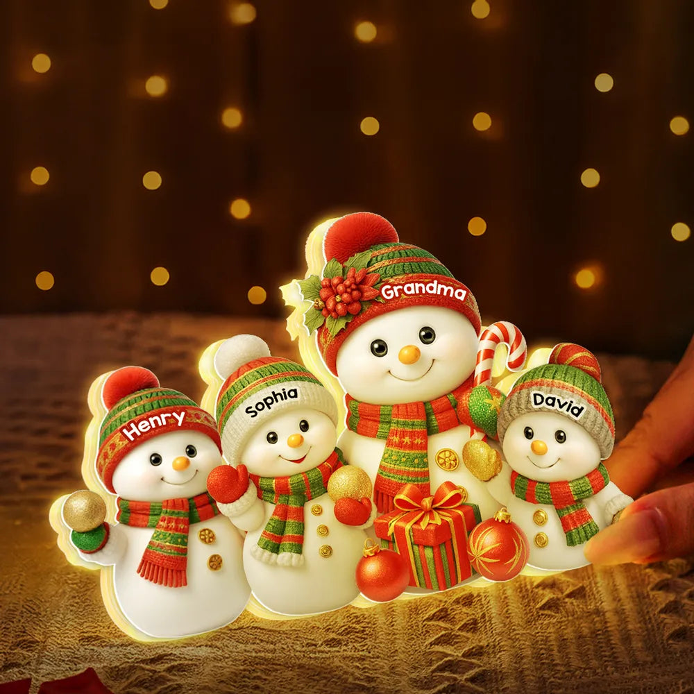 Personalized Acrylic Light Box with Grandma Snowman & Grandkids, Soft Warm Glow Christmas Décor, Unique Gift for Grandma