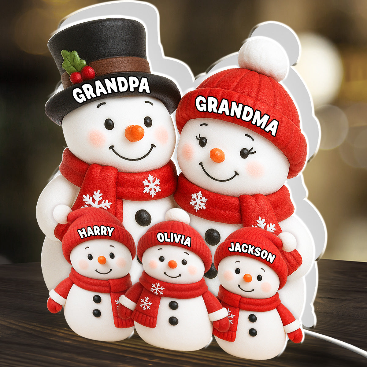 Acrylic Light Box Snowman Grandkids Design, Personalized, Warm Holiday Glow, Cozy Decor, A Unique Gift for Grandparents