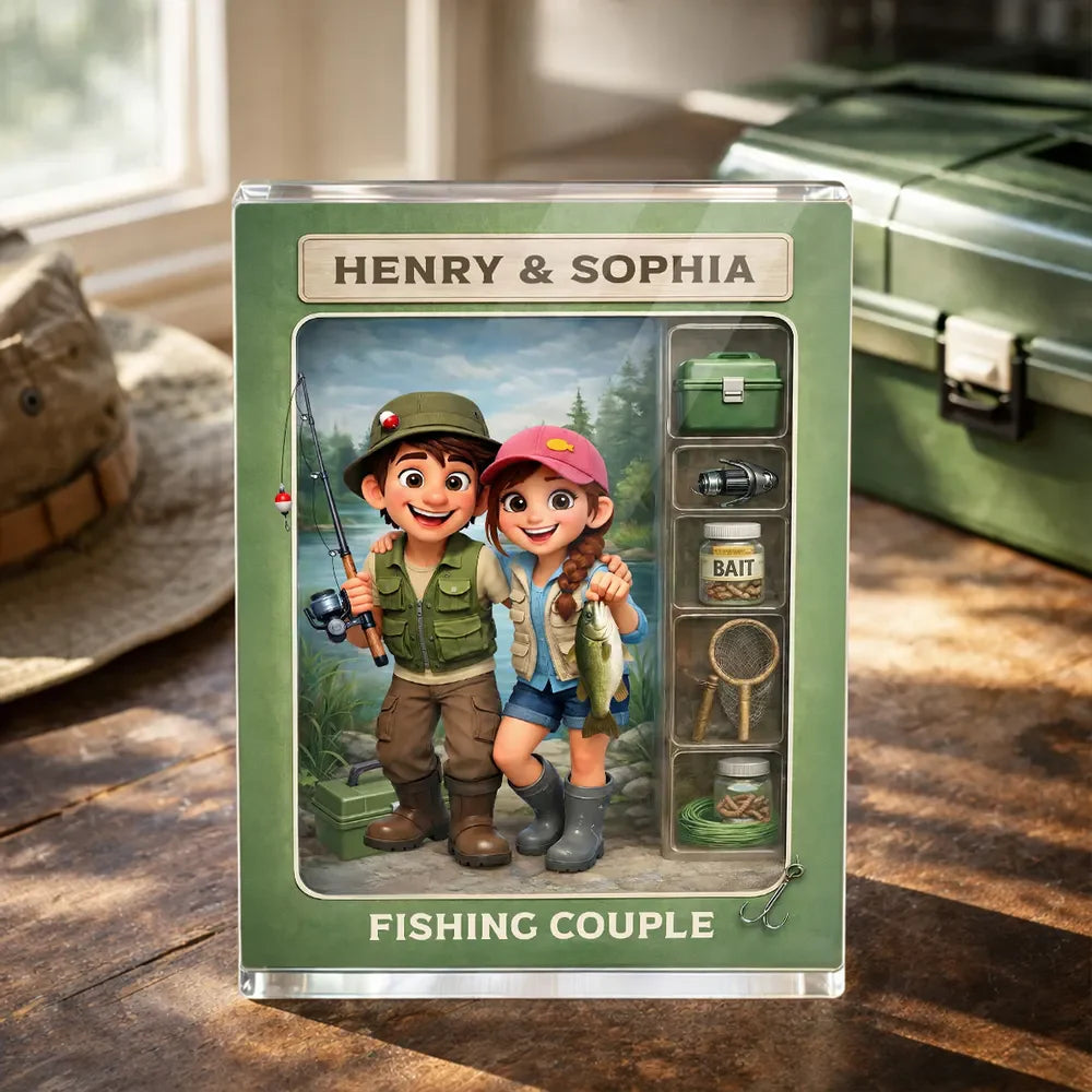 Personalized Rectangle Acrylic Block Plaque Fishing Couple Cartoon Keepsake for Lake-Loving Partners, Unique Creative Gift