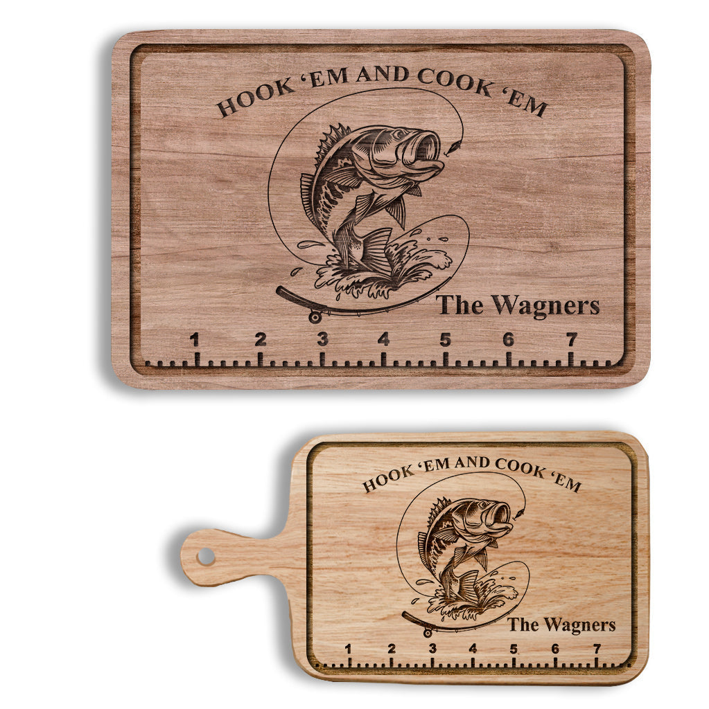Hook 'Em And Cook 'Em - Fishing gift for dad, him, husband - Personalized Cutting Board
