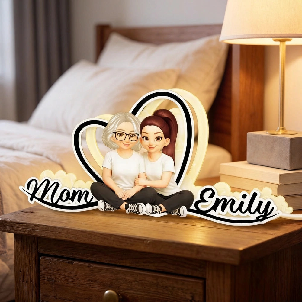 Mom and Daughter Forever Love Acrylic Light Box, Heart Backdrop Hugging Duo, Cozy Bedside Glow, Unique Gift for Mom
