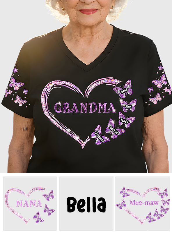 Custom Bling Shirt For Grandma/ Mother - Personalized Grandma Fully Printed V-Neck T-Shirt
