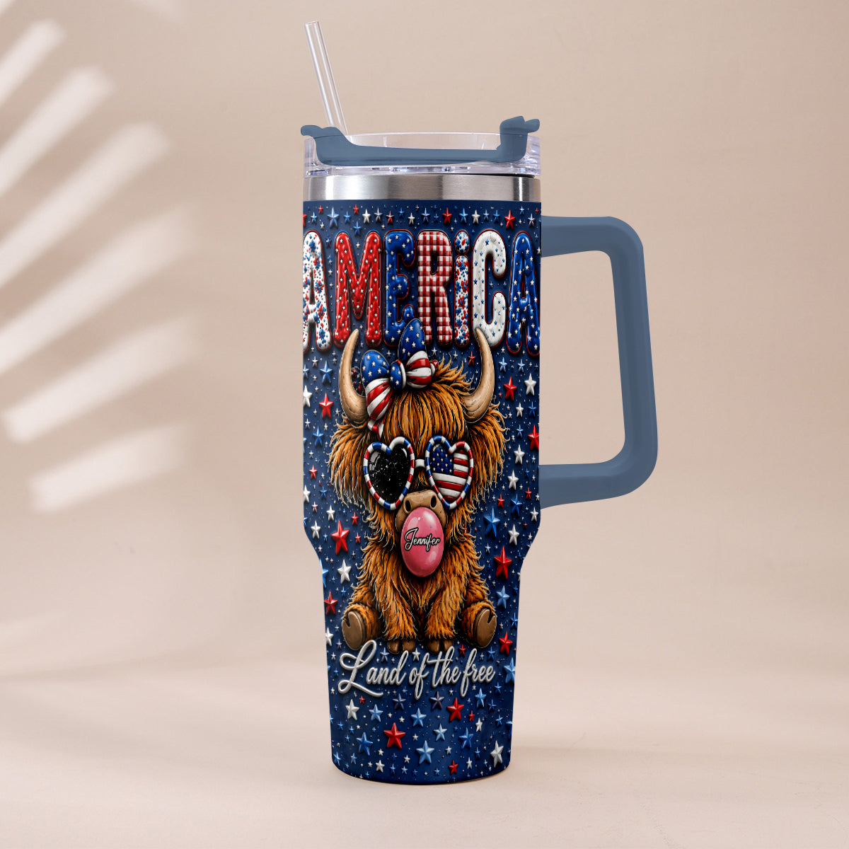 Land Of The Free - Personalized Highland Cow Tumbler With Plush Charm