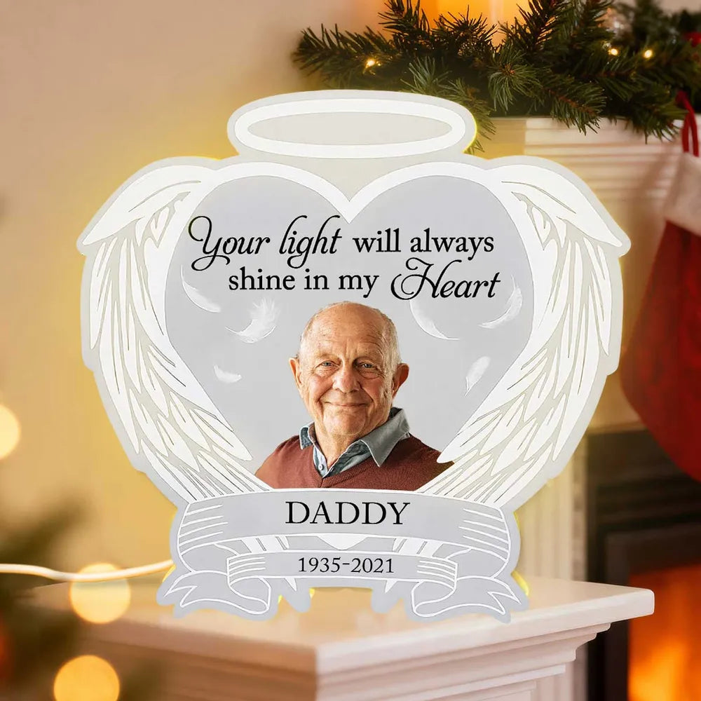 Acrylic Light Box Remembrance Lamp with Angel Wings Heart Design, Warm Glow Tribute, Unique Sympathy Gift for Family