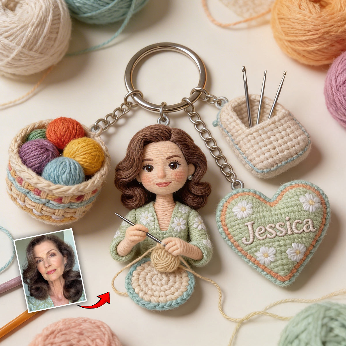 Custom Any Photo - Personalized Crocheting Premium Keychain With Charms