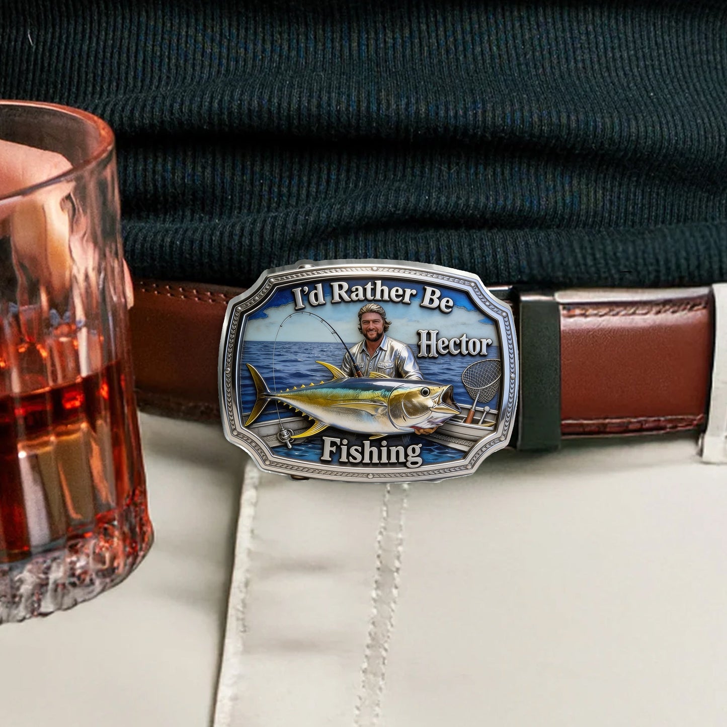 I'd Rather Be Fishing - Personalized Fishing Leather Belt With Shaped Buckle