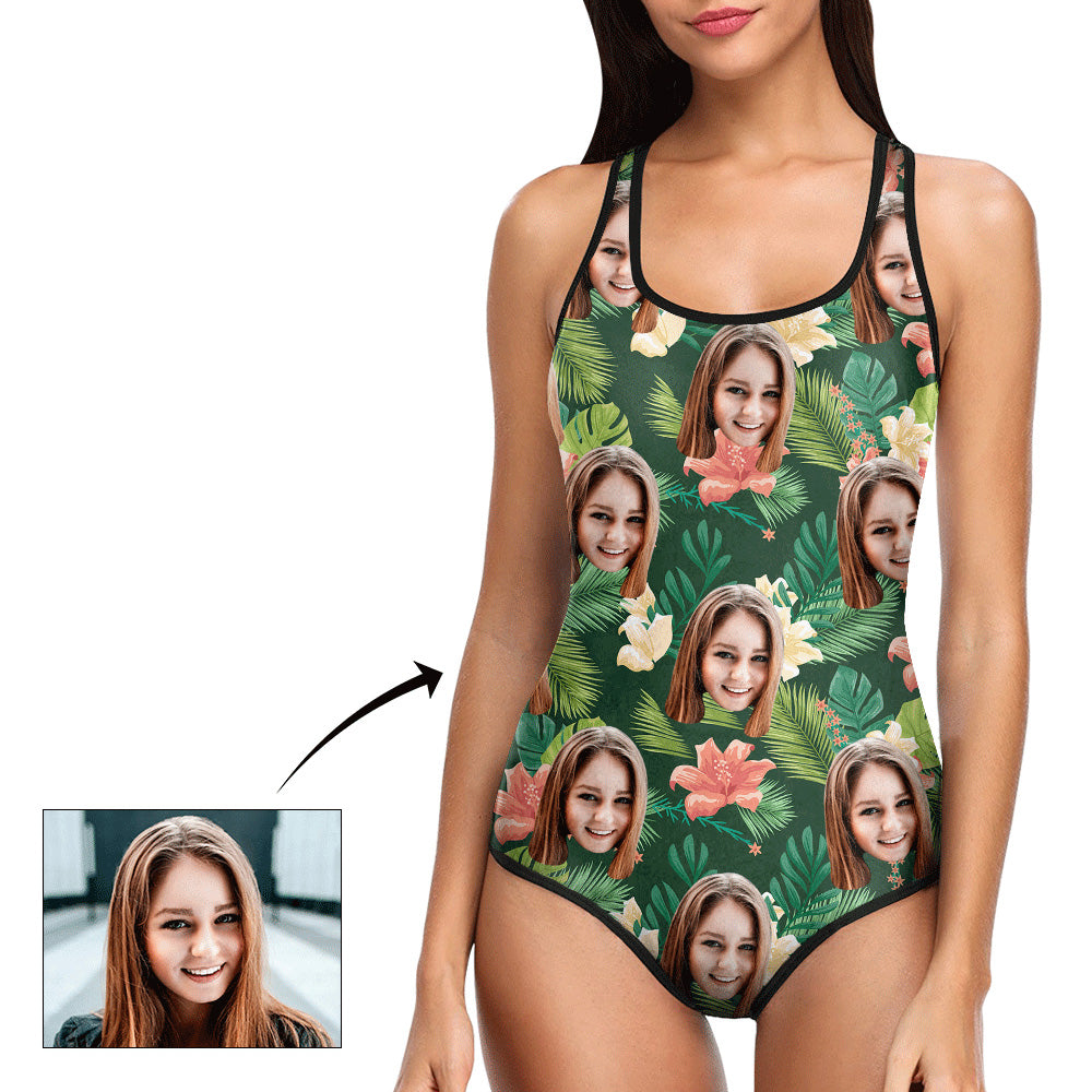Custom Face Swimsuit Tropical Style - Personalized Couple One Piece Swimwear
